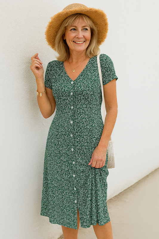 Elira™ – Knopfkleid mit Eleganter V-Ausschnitt & Sanftem Stretch