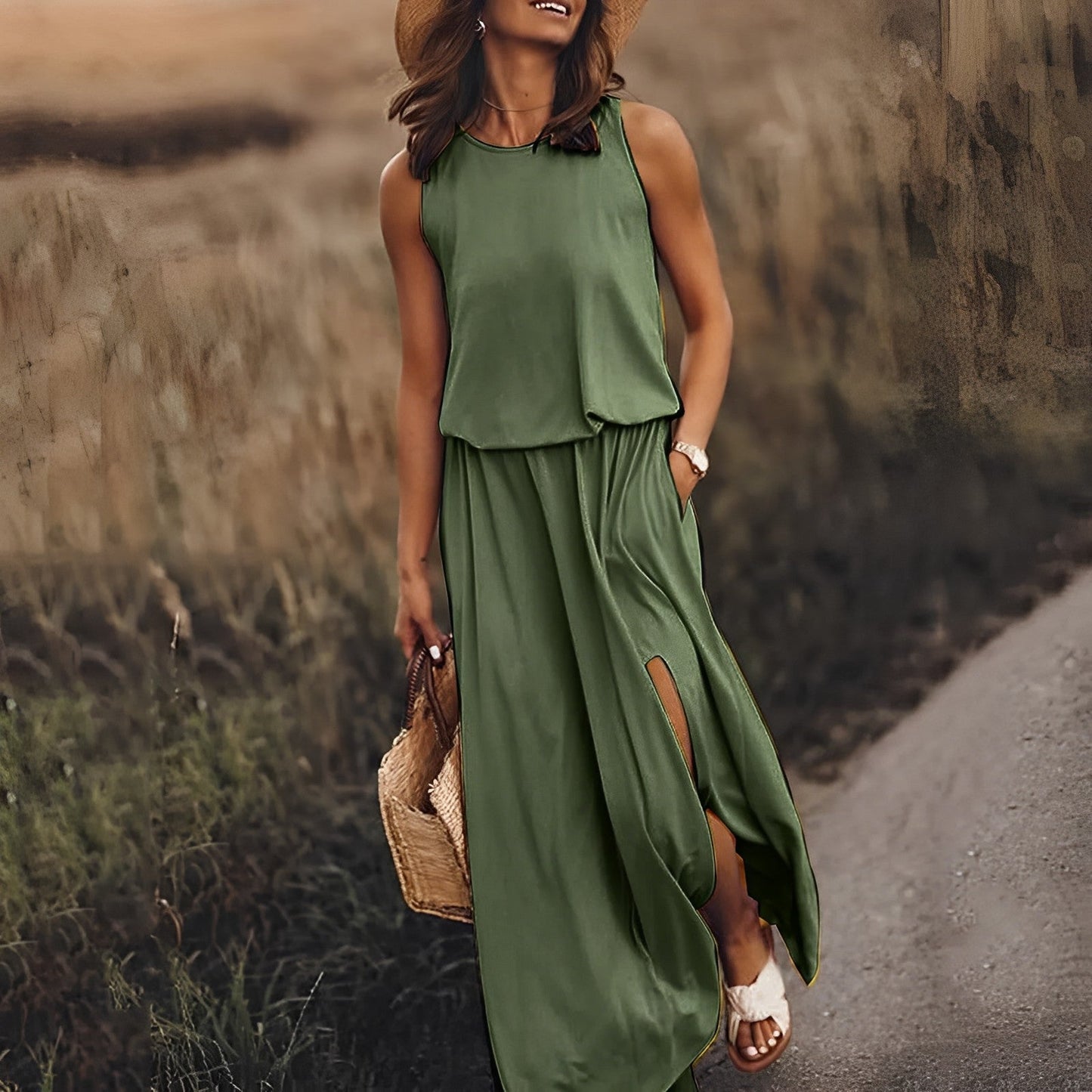 Damen Sommer Maxikleid ärmellos Retro-Muster fließender Schnitt