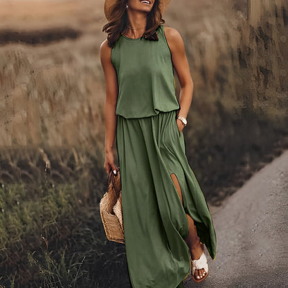 Damen Sommer Maxikleid ärmellos Retro-Muster fließender Schnitt