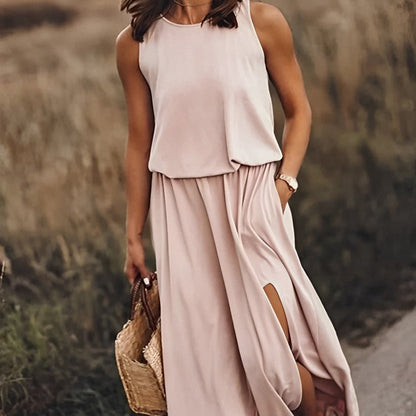 Damen Sommer Maxikleid ärmellos Retro-Muster fließender Schnitt