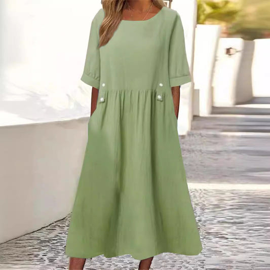 Baumwoll-Leinen-Mix Sommerkleid, Midilänge, Rundhalsausschnitt, Atmungsaktiv - Perfekt für den Sommerurlaub