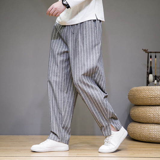 Herren Gestreifte Baumwoll-Leinenhose mit Kordelzug – Ideal für Frühling und Sommer