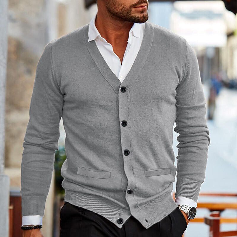Herren Strickjacke mit Knopfleiste V-Ausschnitt und Geripptem Saum
