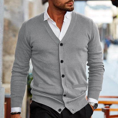 Herren Strickjacke mit Knopfleiste V-Ausschnitt und Geripptem Saum
