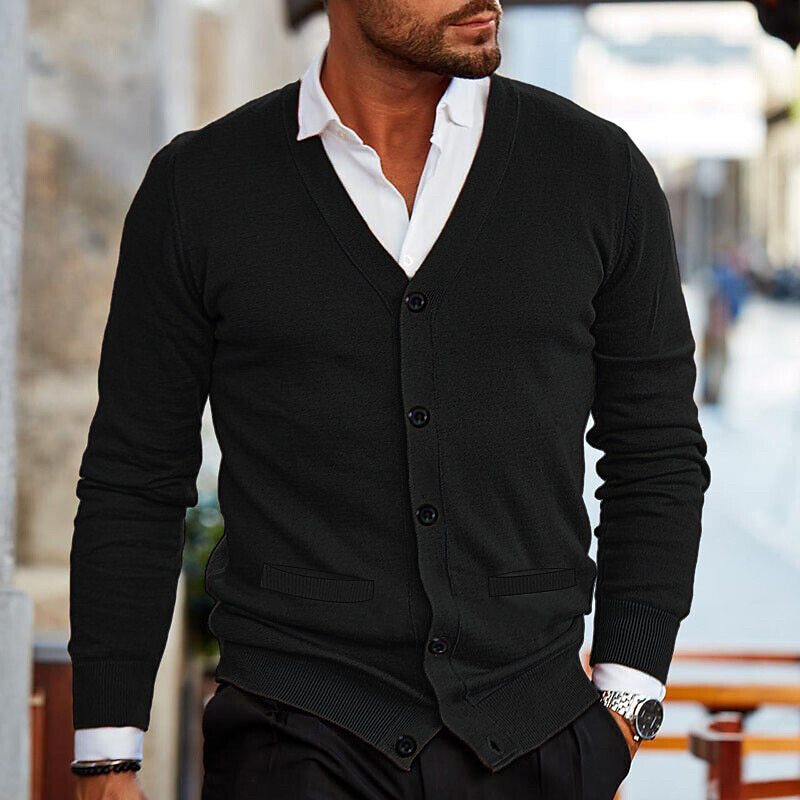 Herren Strickjacke mit Knopfleiste V-Ausschnitt und Geripptem Saum
