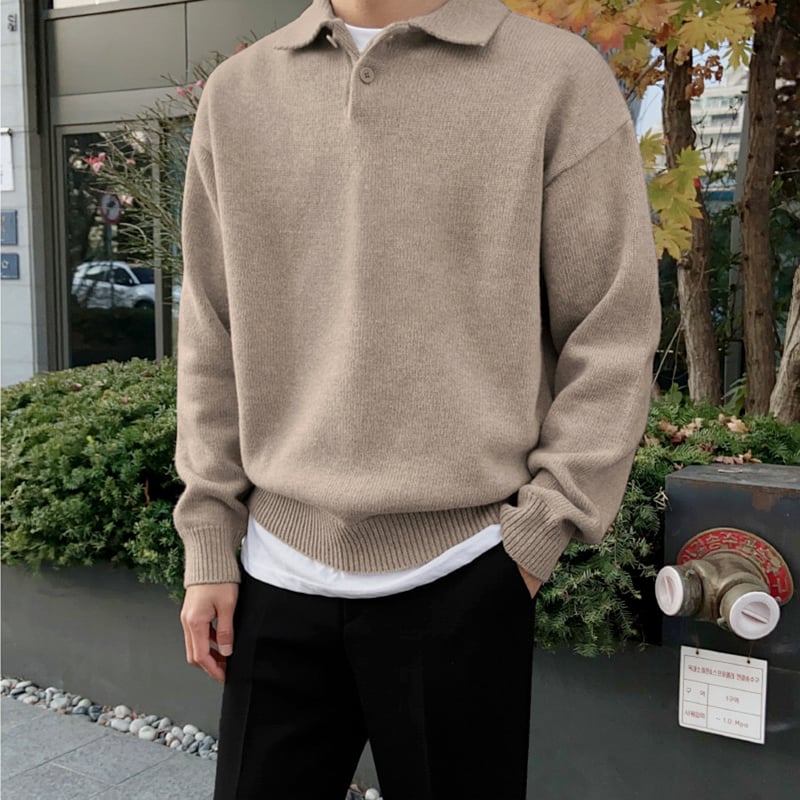 Herren Sommerpullover mit Reverskragen – Leichter Stoff Uni-Design Khaki Blau