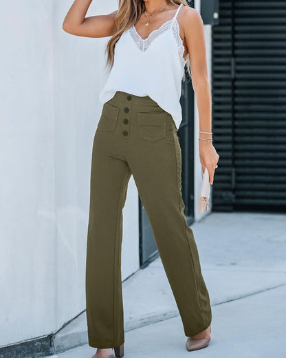 Damenhose mit hohem Bund, geradem Beinverlauf, Frontknopf und Seitentaschen
