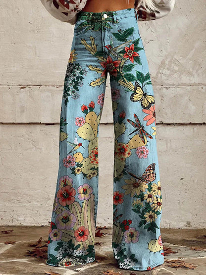Damen-Sommerhose mit Blumenmuster und weitem Bein