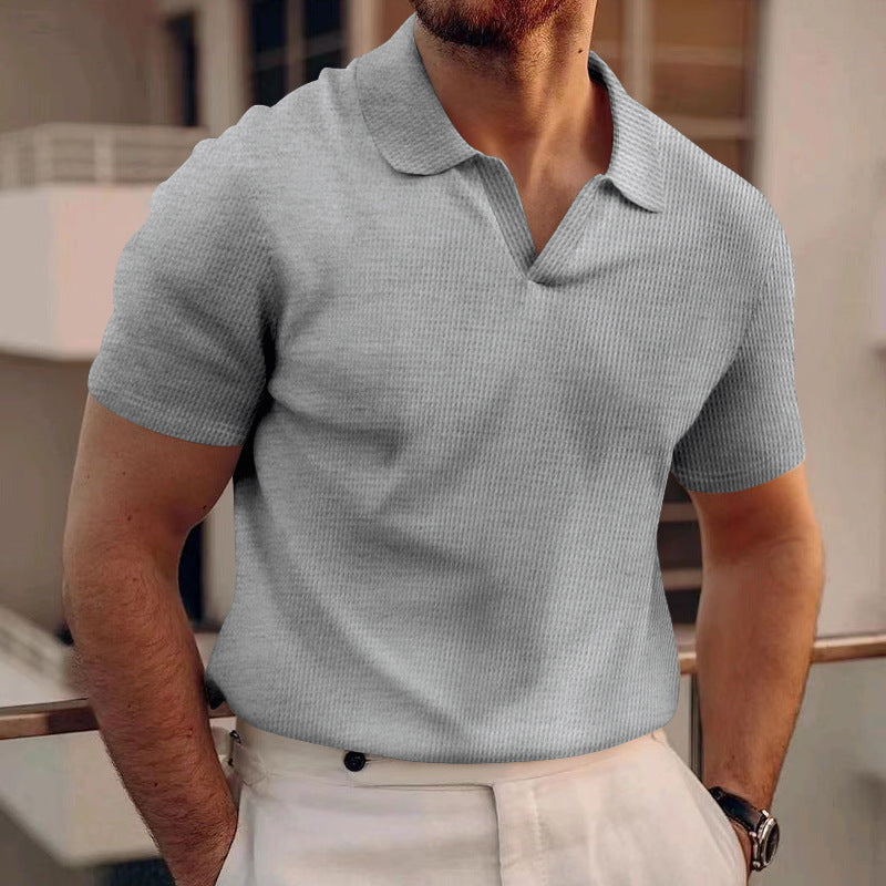 Herren Sommer Kurzarm Slim Fit Waffelstrick T-Shirt mit Reverskragen