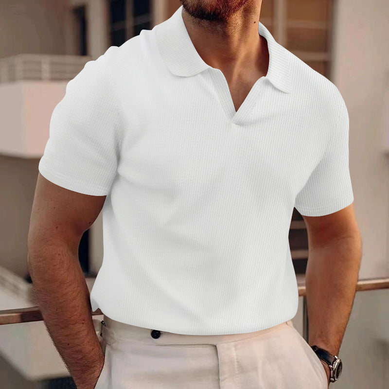 Herren Sommer Kurzarm Slim Fit Waffelstrick T-Shirt mit Reverskragen