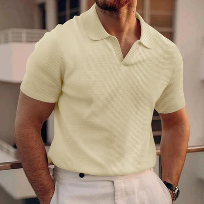 Herren Sommer Kurzarm Slim Fit Waffelstrick T-Shirt mit Reverskragen
