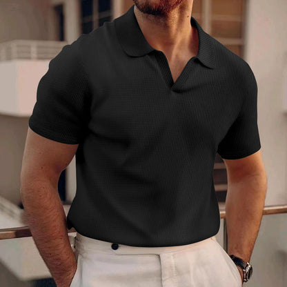 Herren Sommer Kurzarm Slim Fit Waffelstrick T-Shirt mit Reverskragen