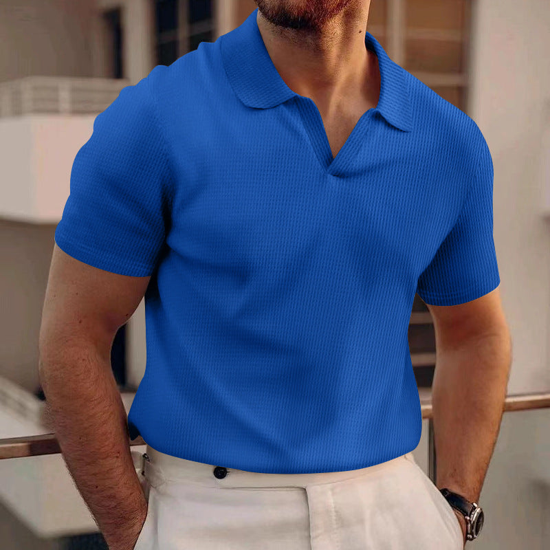 Herren Sommer Kurzarm Slim Fit Waffelstrick T-Shirt mit Reverskragen