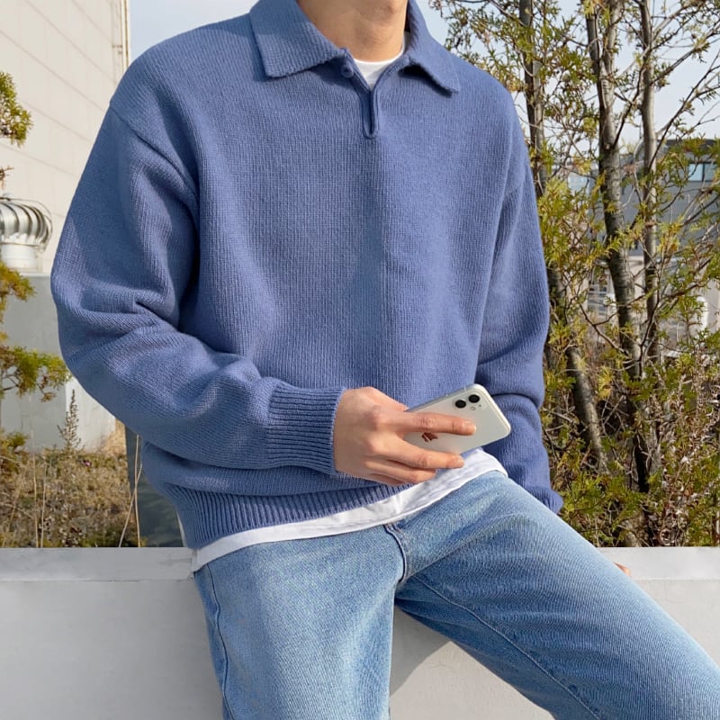 Herren Sommerpullover mit Reverskragen – Leichter Stoff Uni-Design Khaki Blau