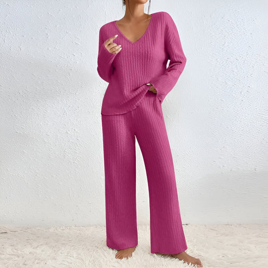 Zweiteiliges Strick-Set mit V-Ausschnitt Pullover & Hose | Ideal für Frühling & Sommer