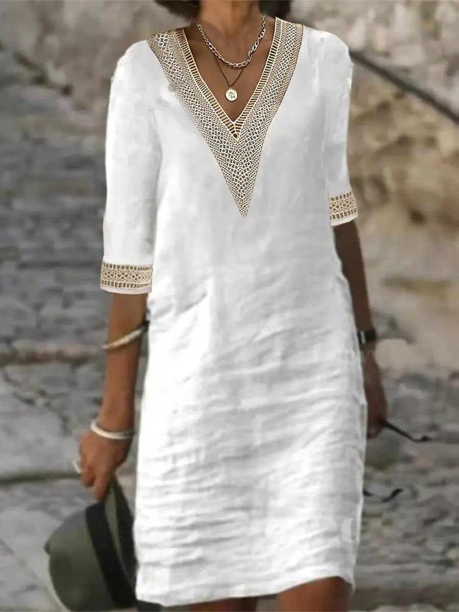 Damen-Sommerkleid mit V-Ausschnitt, Spitzenbesatz und 3/4-Ärmeln
