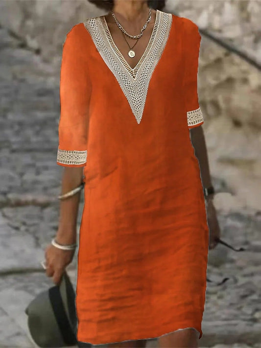 Damen-Sommerkleid mit V-Ausschnitt, Spitzenbesatz und 3/4-Ärmeln